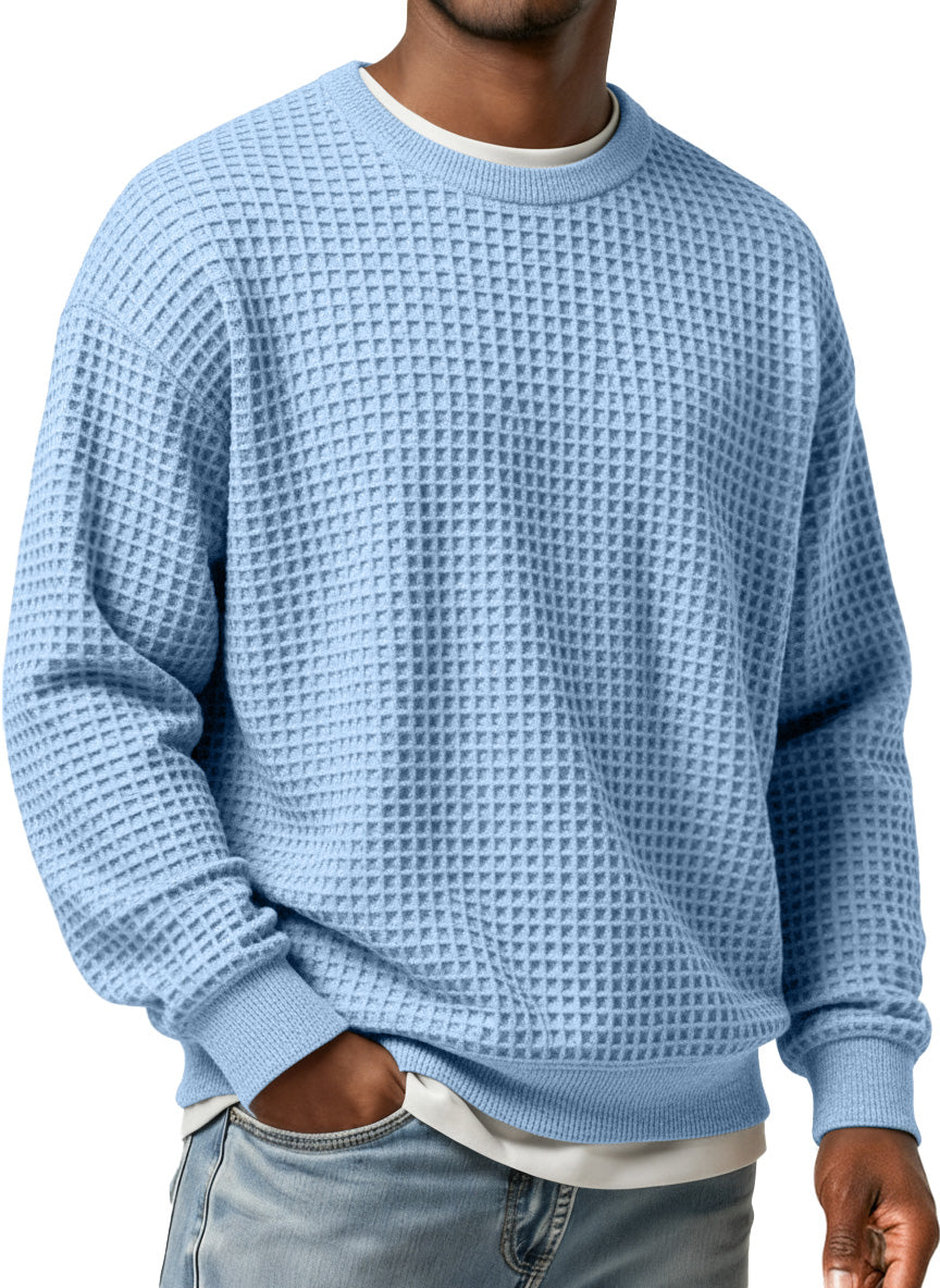 Men's Simple Waffle Round Neck Loose Casual Long-sleeved T-shirt