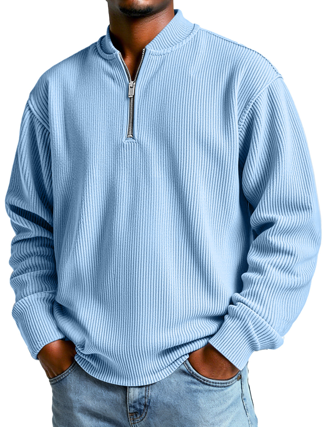 Men's Daily Simple Ribbed Baseball Collar Zipper Casual Long-sleeved T-shirt