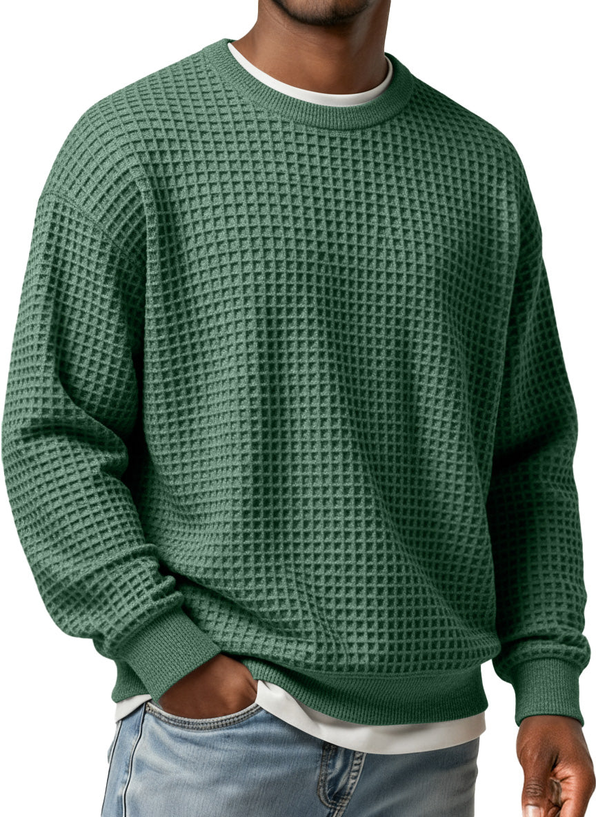 Men's Simple Waffle Round Neck Loose Casual Long-sleeved T-shirt