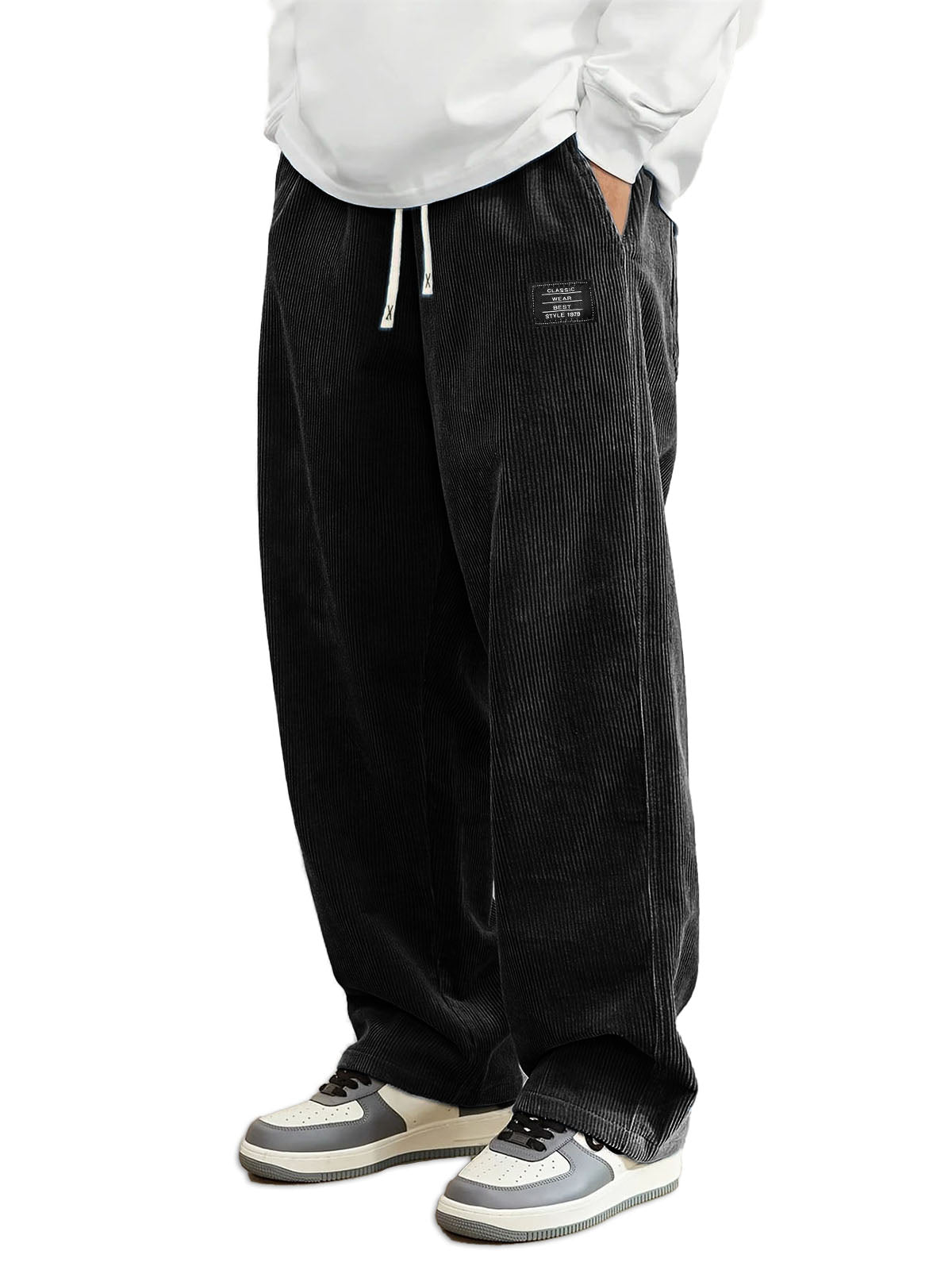 Men's Daily Casual Pit Strip Corduroy Fabric Embroidery Logo Tether Loose Elastic Waist Pocket Pants