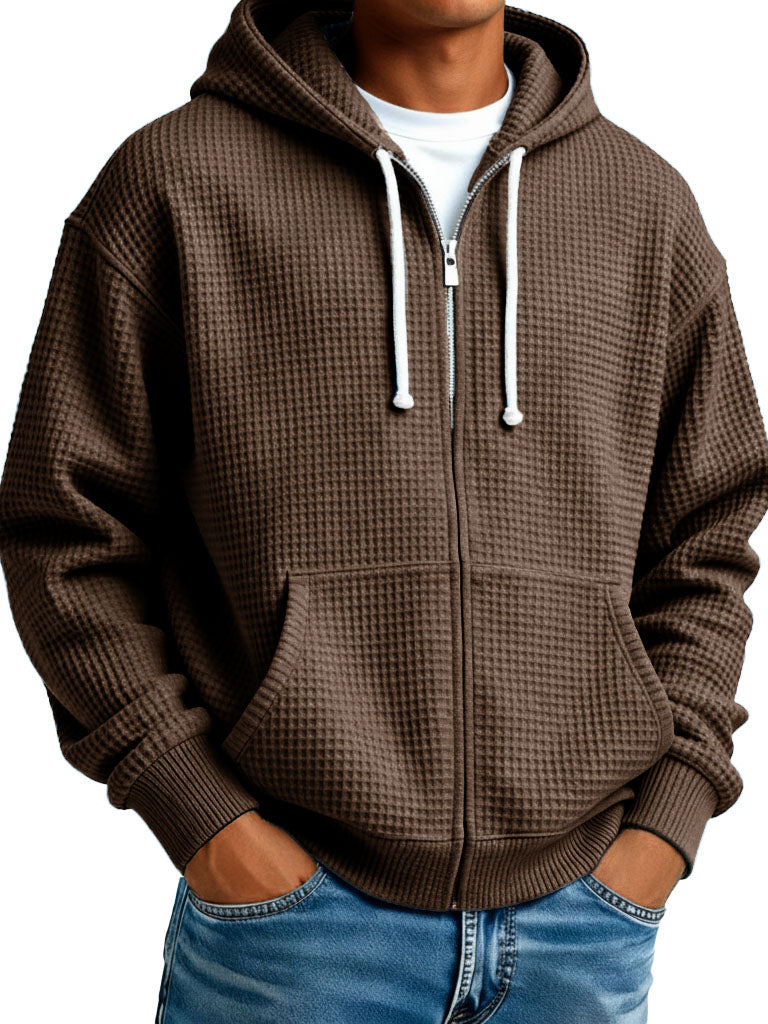 Men's Wear Fashionable Casual Waffle Fabric Zipper Hooded Pockets Loose Coat