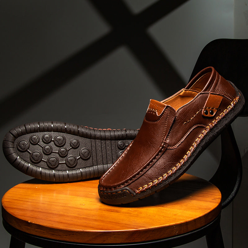🐂 Men's calf leather casual shoes 👞 Hand-stitched, easy to put on and take off ✅ Arch support, pain relief - comfortable walking