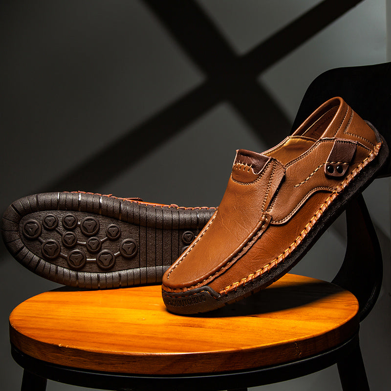 🐂 Men's calf leather casual shoes 👞 Hand-stitched, easy to put on and take off ✅ Arch support, pain relief - comfortable walking