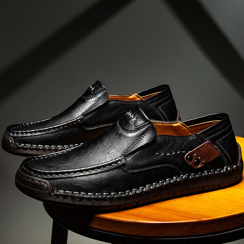 🐂 Men's calf leather casual shoes 👞 Hand-stitched, easy to put on and take off ✅ Arch support, pain relief - comfortable walking