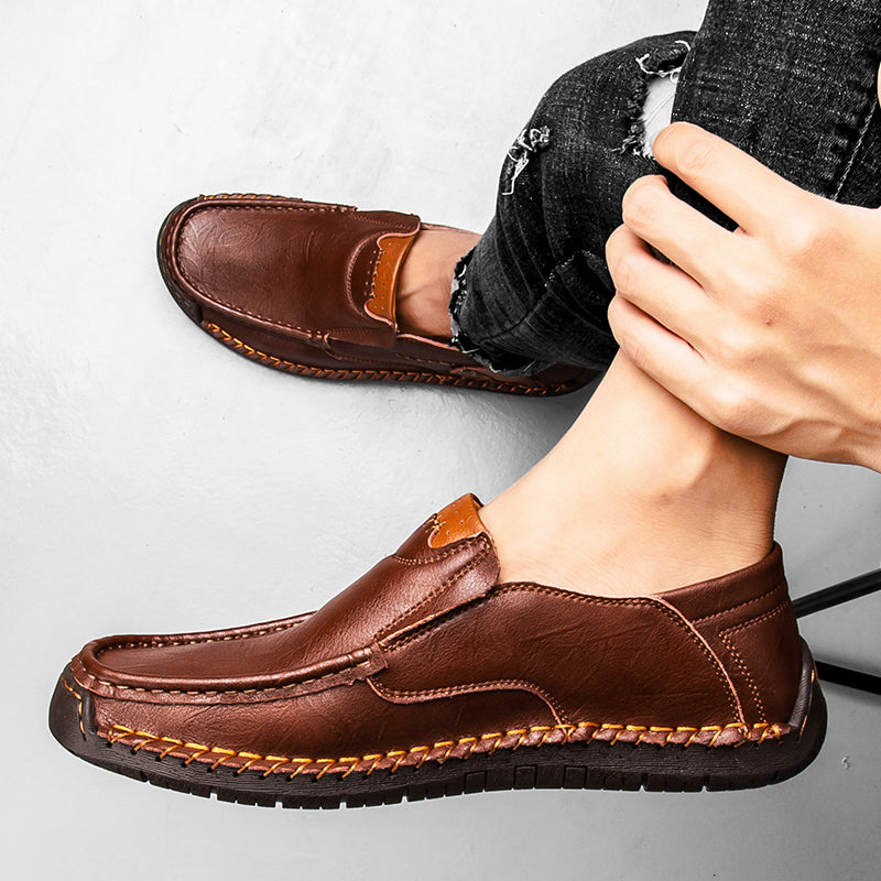🐂 Men's calf leather casual shoes 👞 Hand-stitched, easy to put on and take off ✅ Arch support, pain relief - comfortable walking