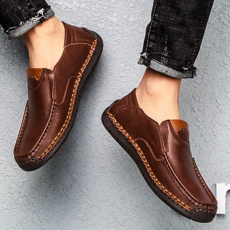 🐂 Men's calf leather casual shoes 👞 Hand-stitched, easy to put on and take off ✅ Arch support, pain relief - comfortable walking