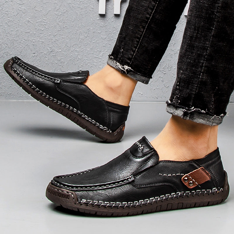 🐂 Men's calf leather casual shoes 👞 Hand-stitched, easy to put on and take off ✅ Arch support, pain relief - comfortable walking
