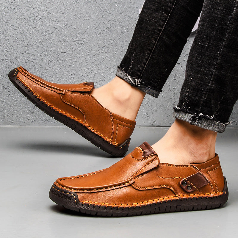 🐂 Men's calf leather casual shoes 👞 Hand-stitched, easy to put on and take off ✅ Arch support, pain relief - comfortable walking