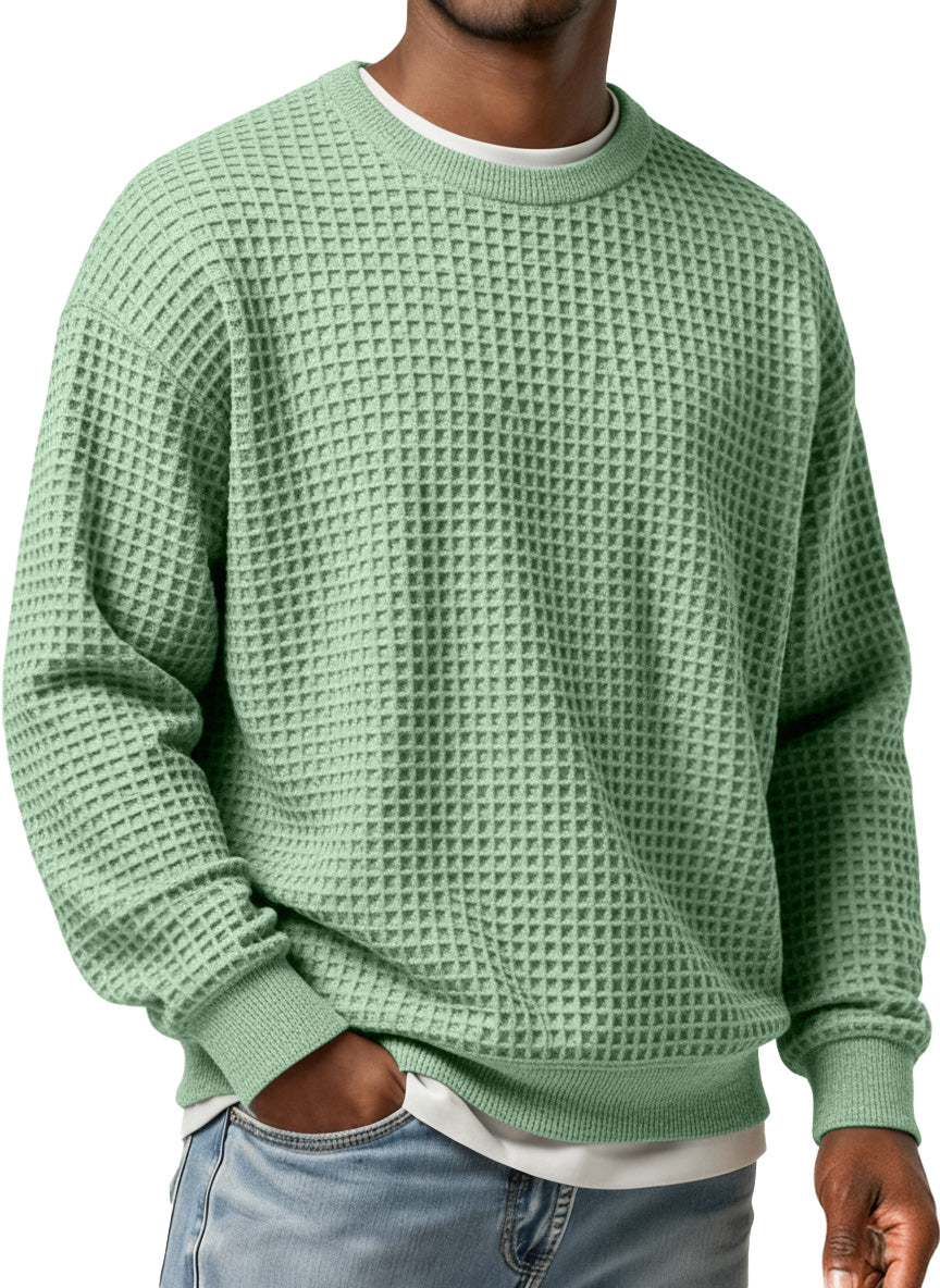 Men's Simple Waffle Round Neck Loose Casual Long-sleeved T-shirt