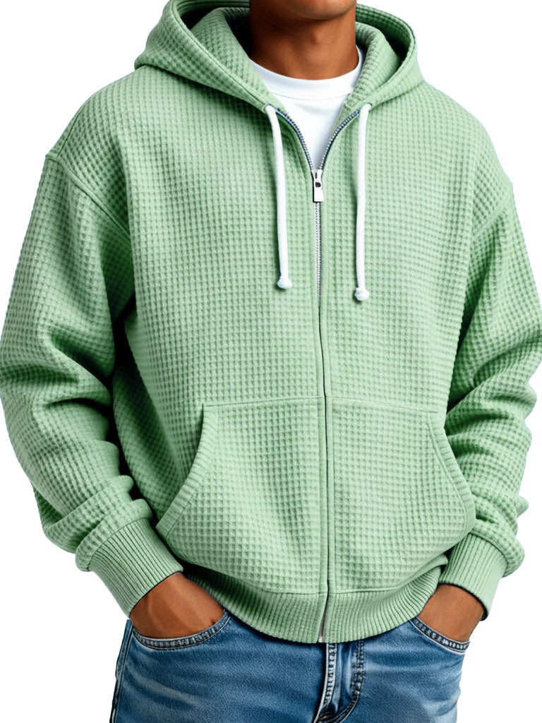 Men's Wear Fashionable Casual Waffle Fabric Zipper Hooded Pockets Loose Coat