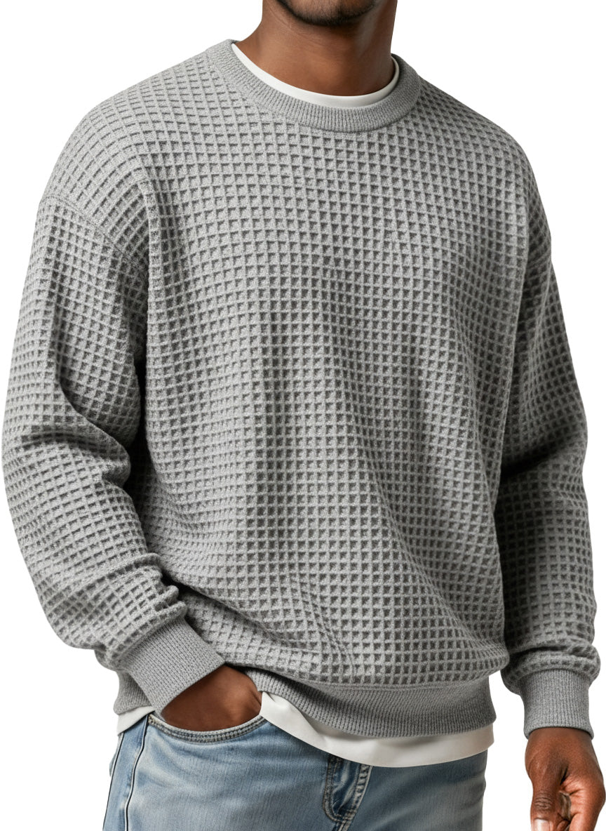 Men's Simple Waffle Round Neck Loose Casual Long-sleeved T-shirt