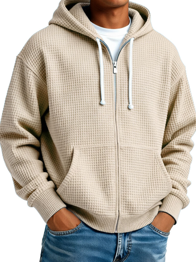Men's Wear Fashionable Casual Waffle Fabric Zipper Hooded Pockets Loose Coat