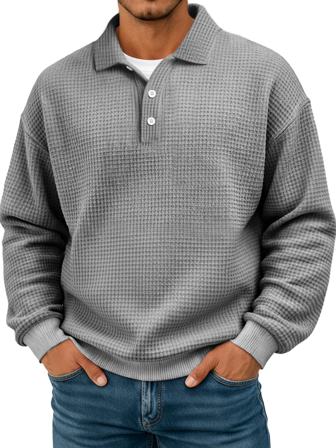 Simple waffle texture lapel button casual long-sleeved POLO shirt