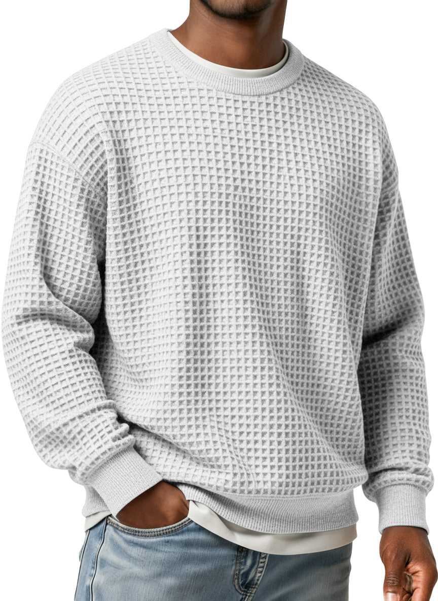 Men's Simple Waffle Round Neck Loose Casual Long-sleeved T-shirt