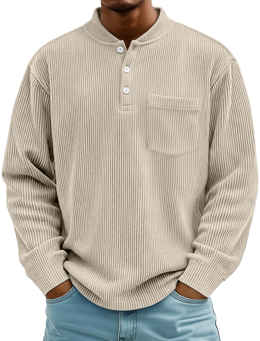 Men's Fashion Ridge Stand Collar Button Casual Pocket Henley Shirt