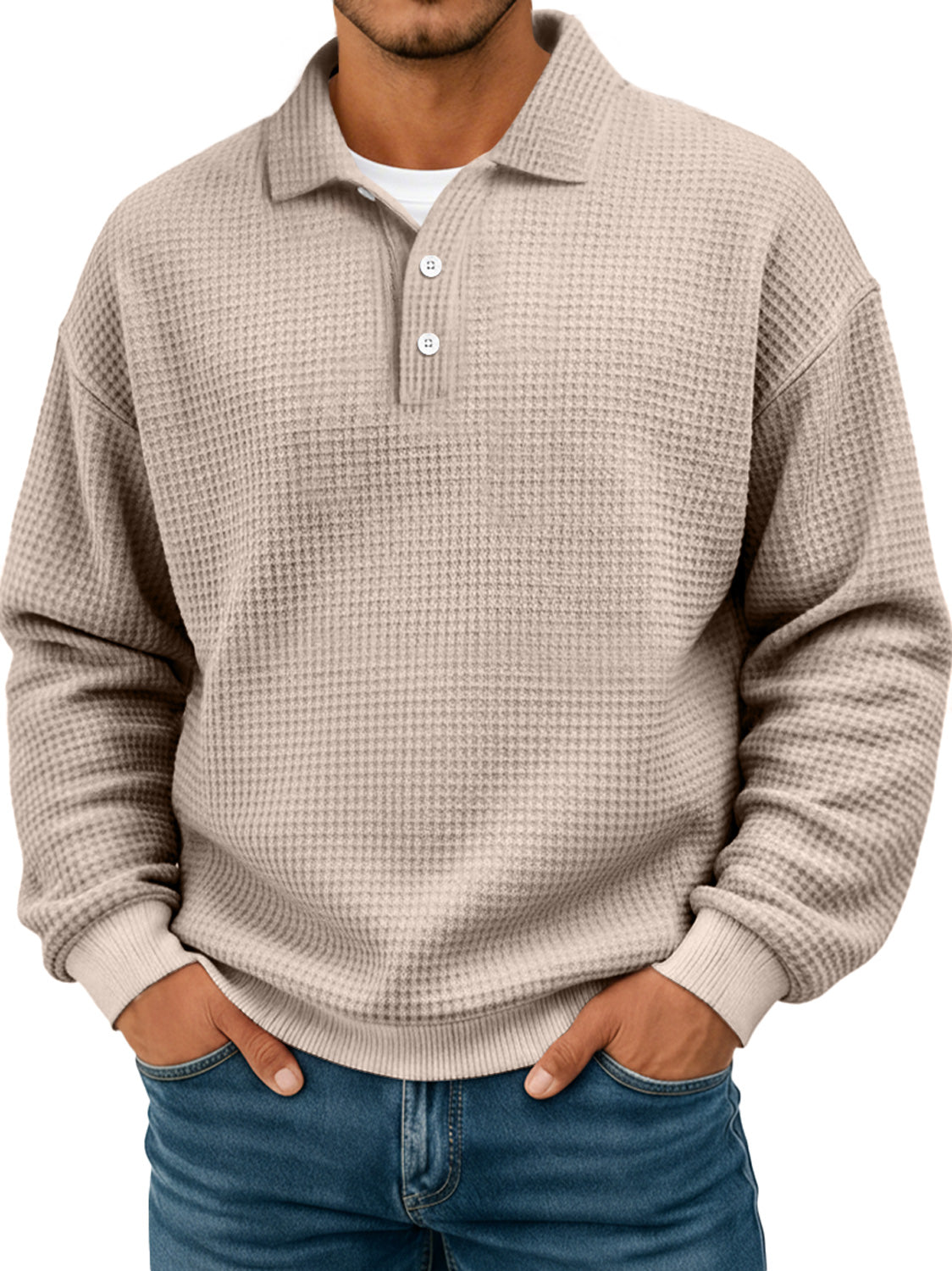 Simple waffle texture lapel button casual long-sleeved POLO shirt
