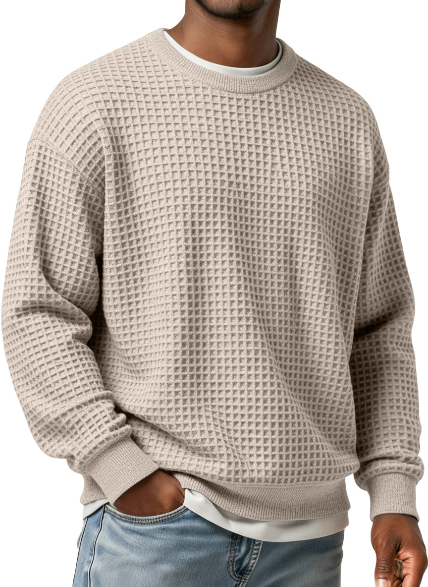 Men's Simple Waffle Round Neck Loose Casual Long-sleeved T-shirt