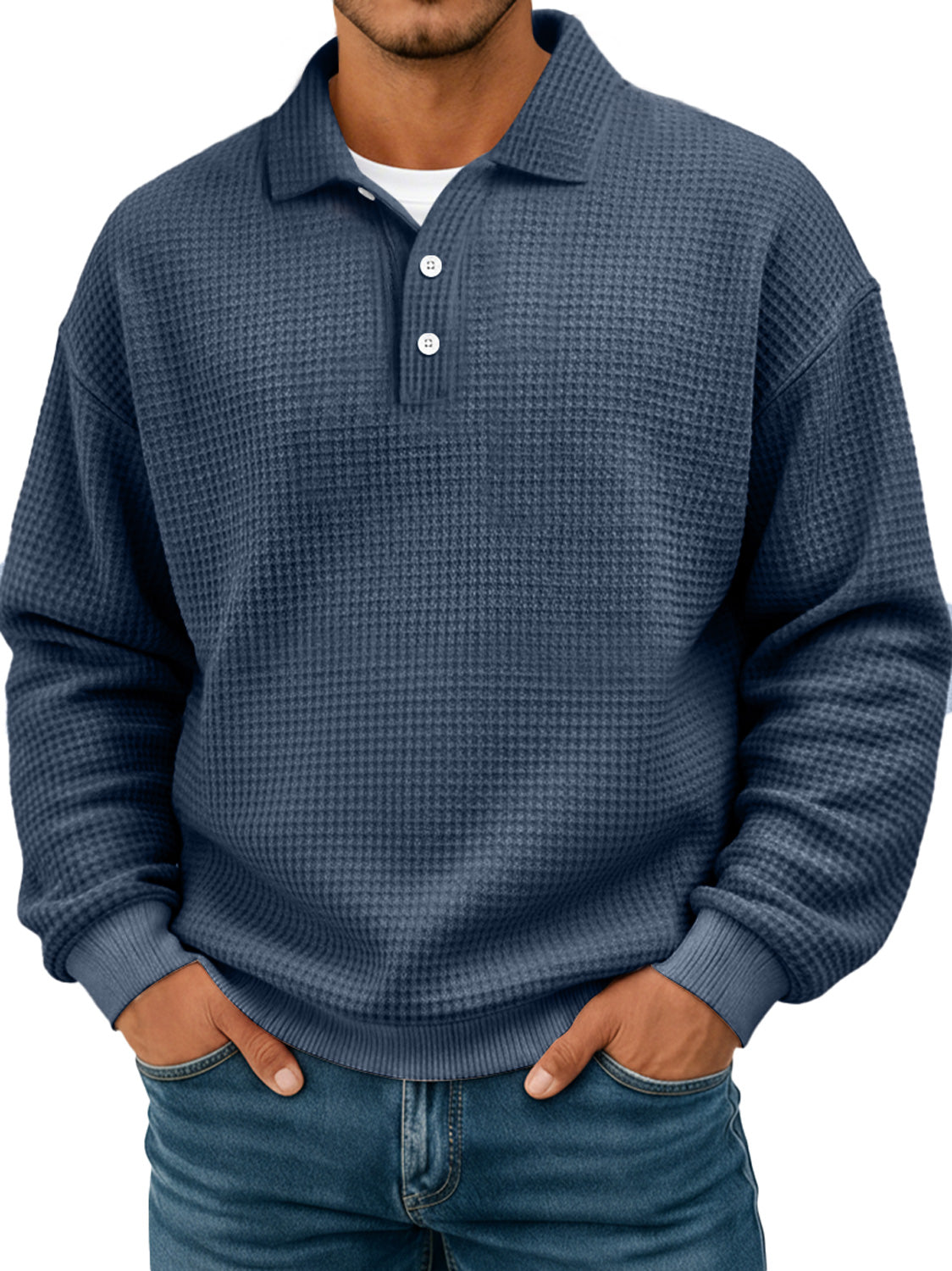 Simple waffle texture lapel button casual long-sleeved POLO shirt