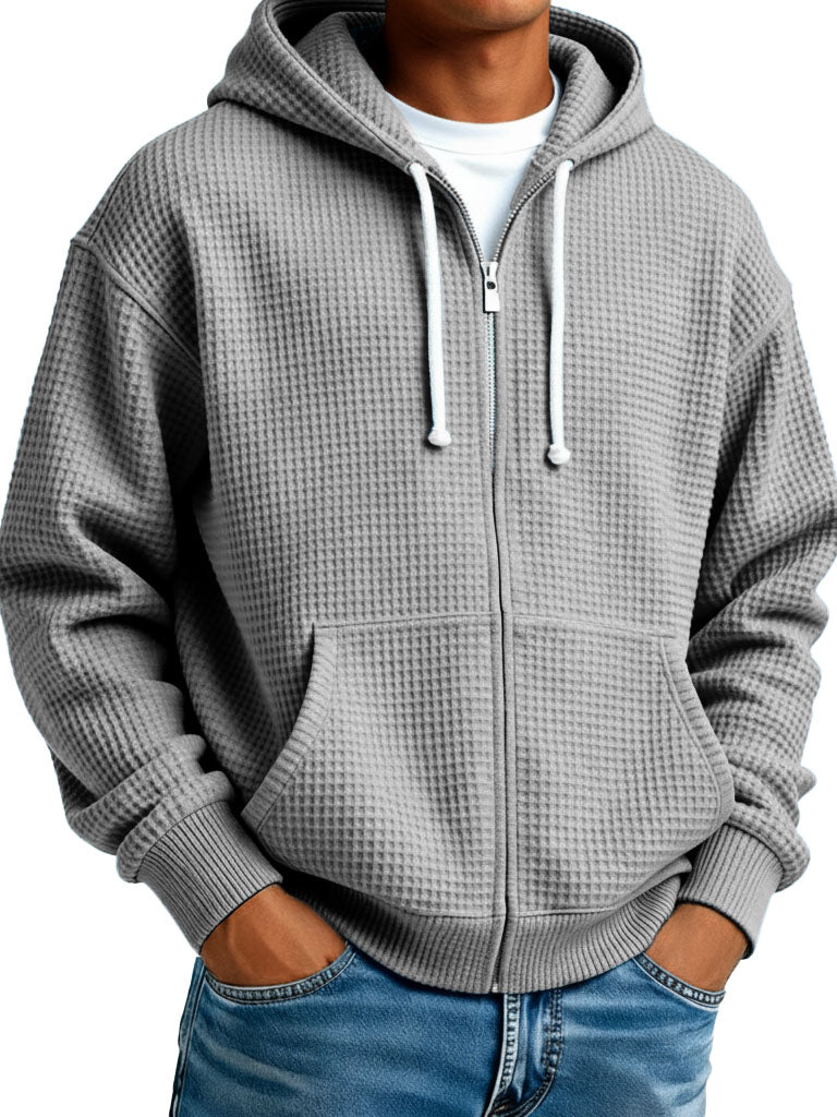 Men's Wear Fashionable Casual Waffle Fabric Zipper Hooded Pockets Loose Coat