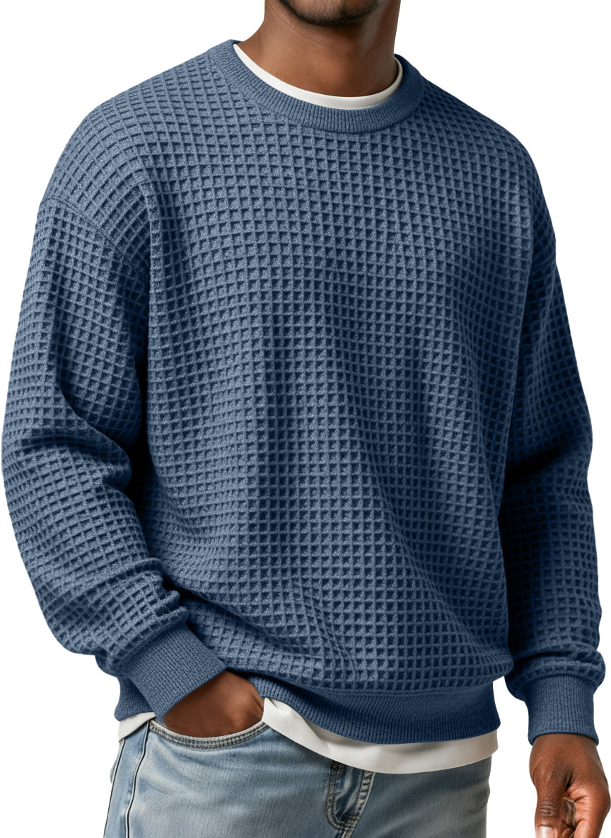 Men's Simple Waffle Round Neck Loose Casual Long-sleeved T-shirt