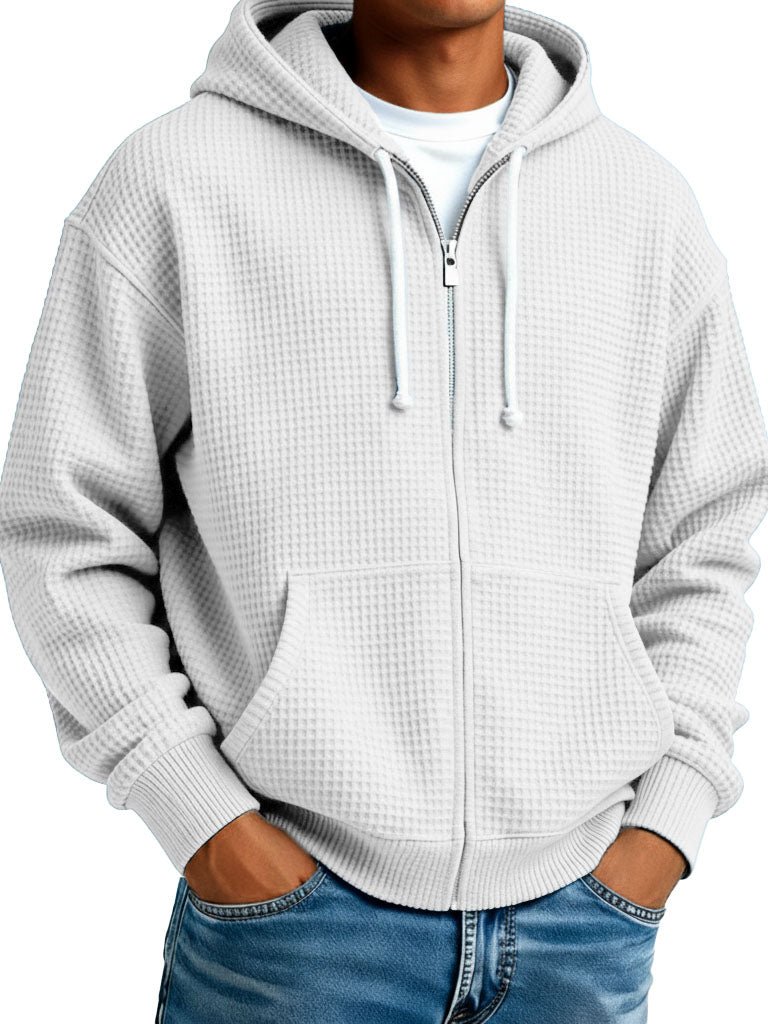 Men's Wear Fashionable Casual Waffle Fabric Zipper Hooded Pockets Loose Coat