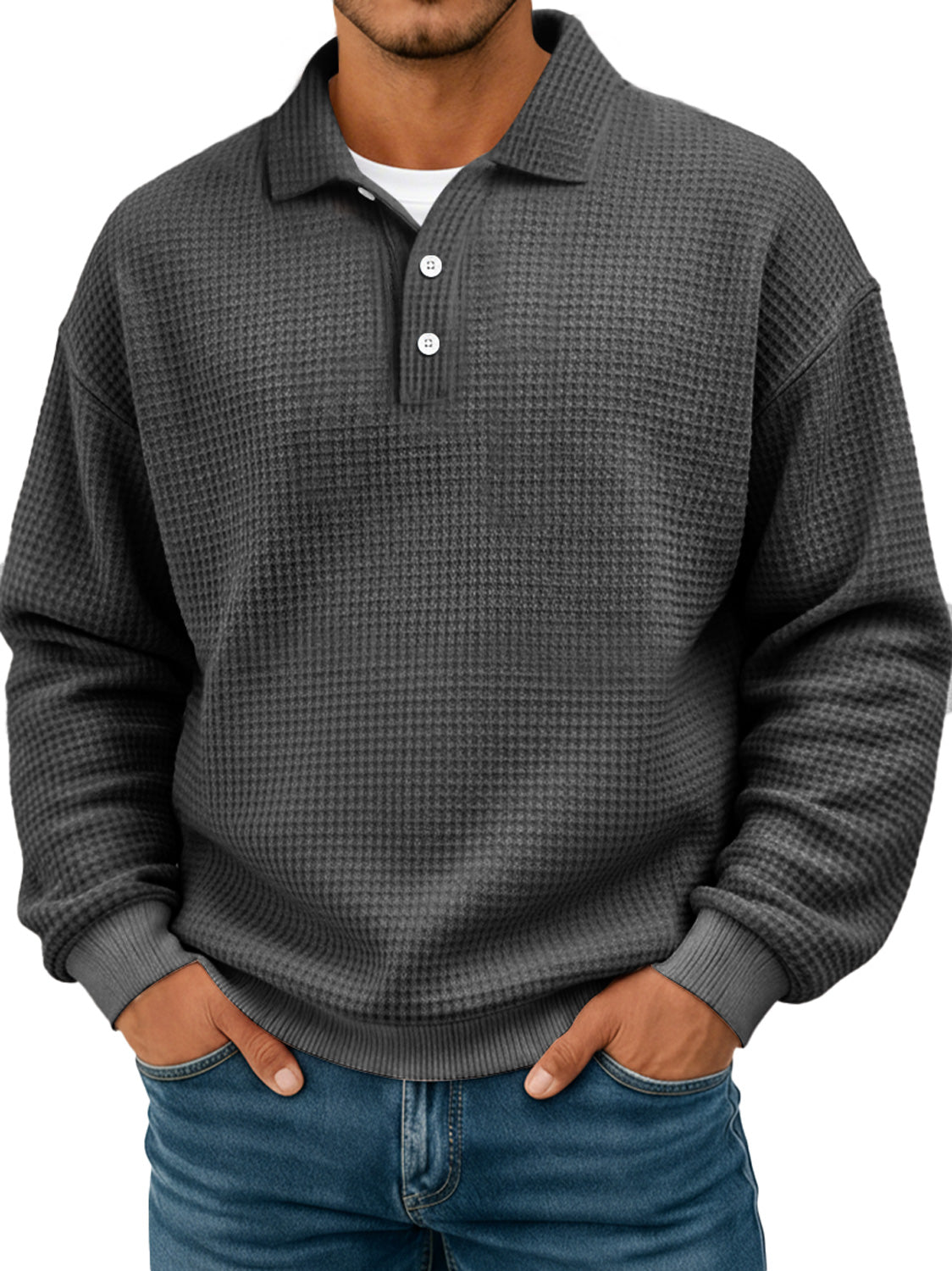 Simple waffle texture lapel button casual long-sleeved POLO shirt