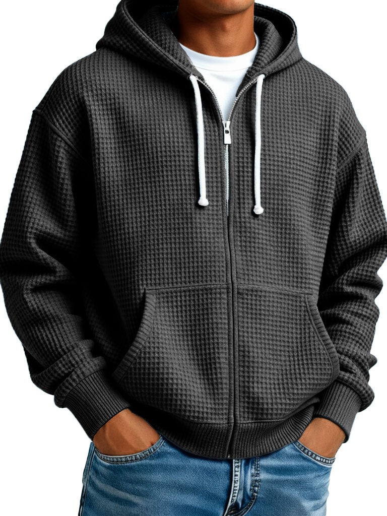 Men's Wear Fashionable Casual Waffle Fabric Zipper Hooded Pockets Loose Coat