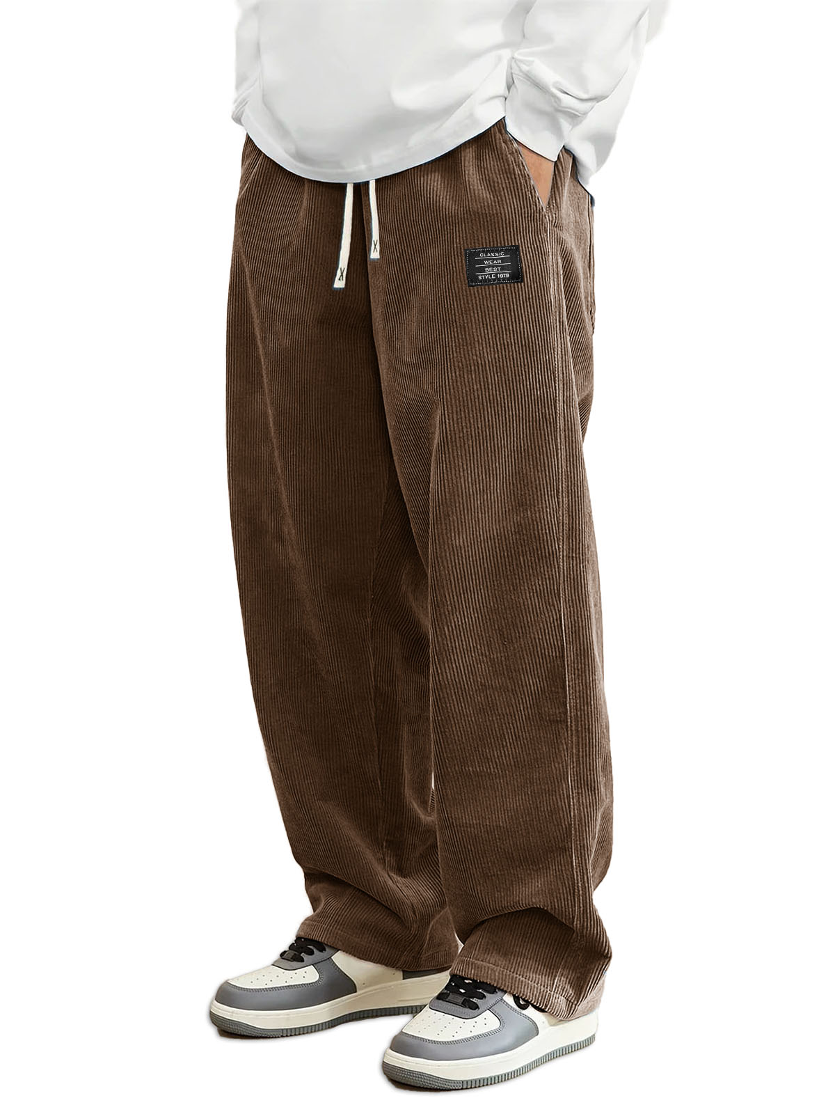 Men's Daily Casual Pit Strip Corduroy Fabric Embroidery Logo Tether Loose Elastic Waist Pocket Pants
