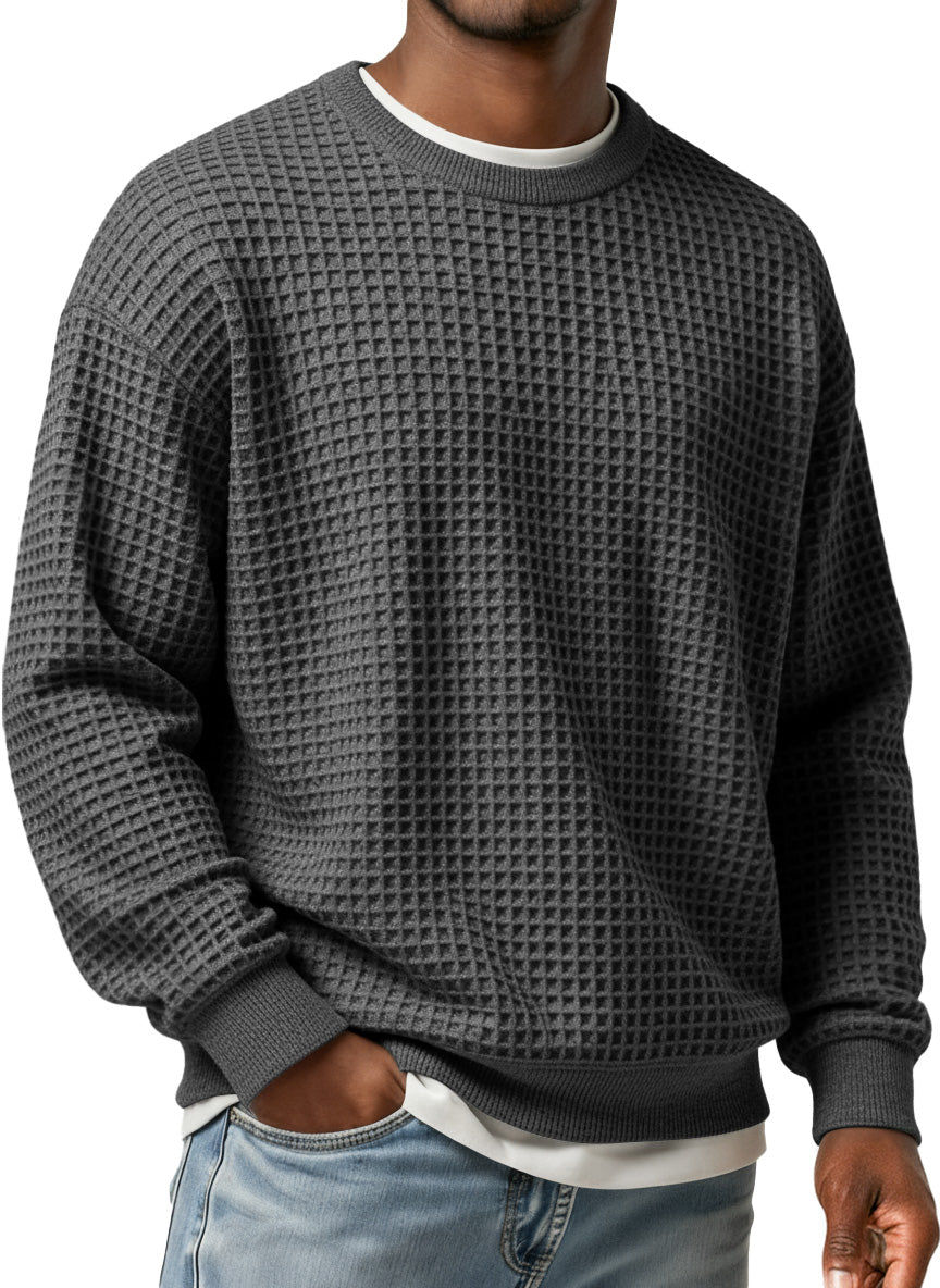 Men's Simple Waffle Round Neck Loose Casual Long-sleeved T-shirt