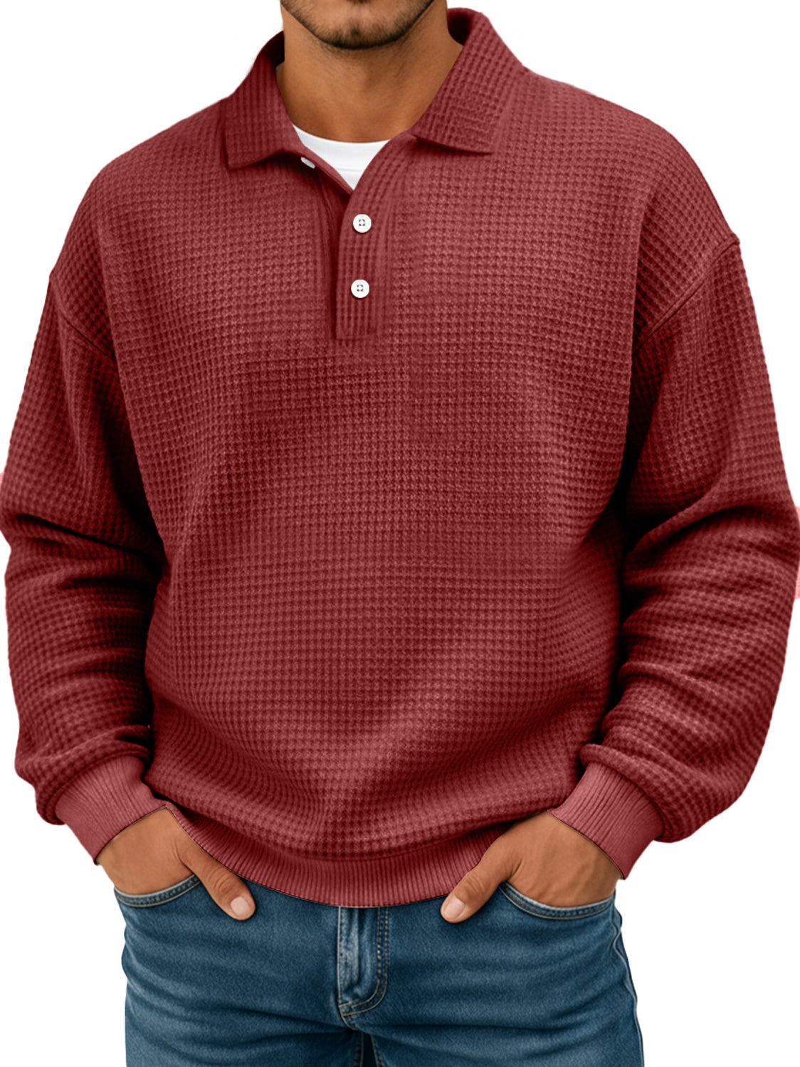 Simple waffle texture lapel button casual long-sleeved POLO shirt