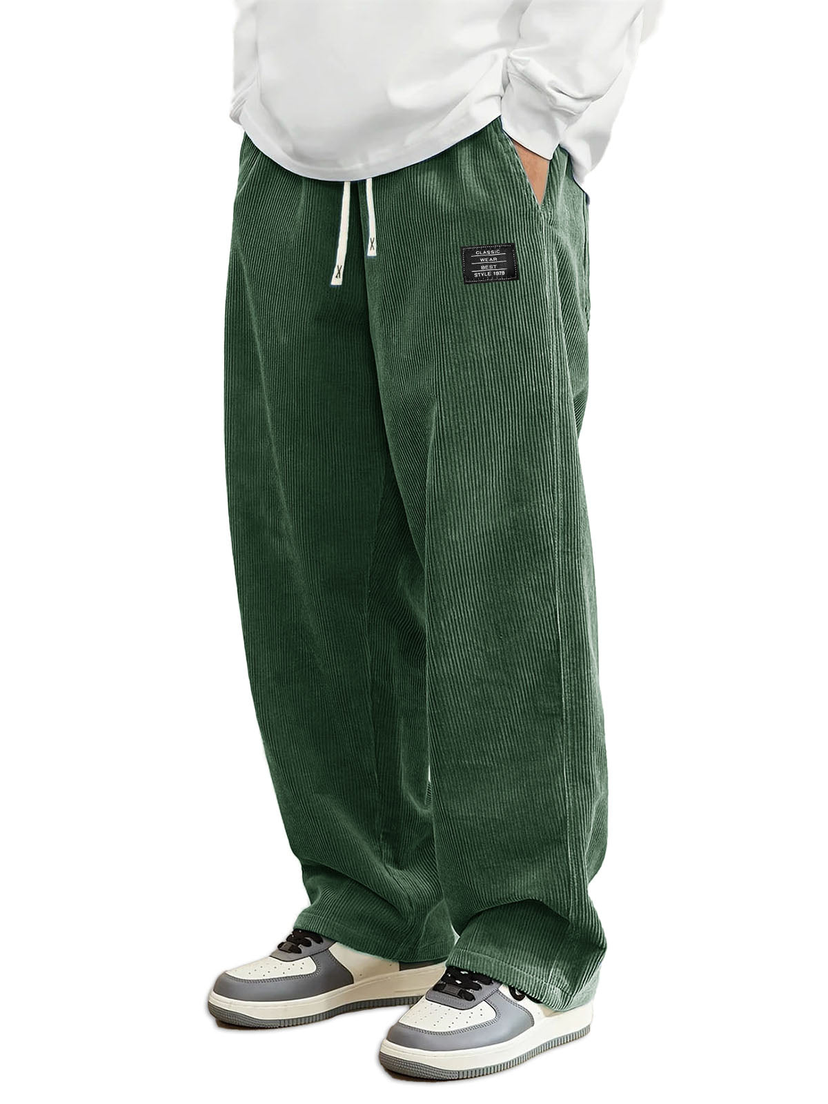 Men's Daily Casual Pit Strip Corduroy Fabric Embroidery Logo Tether Loose Elastic Waist Pocket Pants
