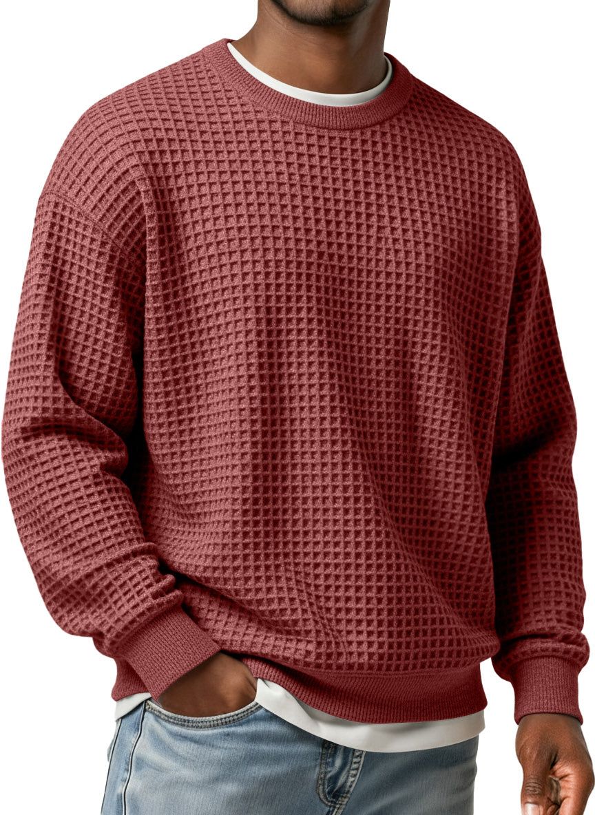 Men's Simple Waffle Round Neck Loose Casual Long-sleeved T-shirt