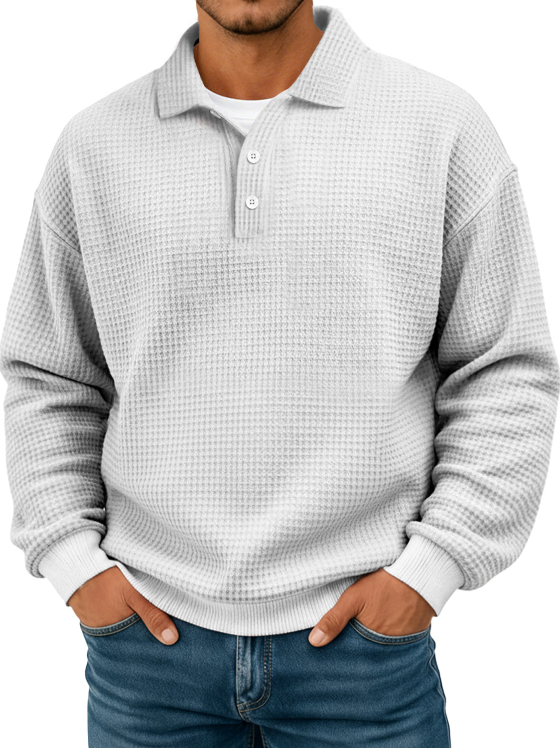 Simple waffle texture lapel button casual long-sleeved POLO shirt