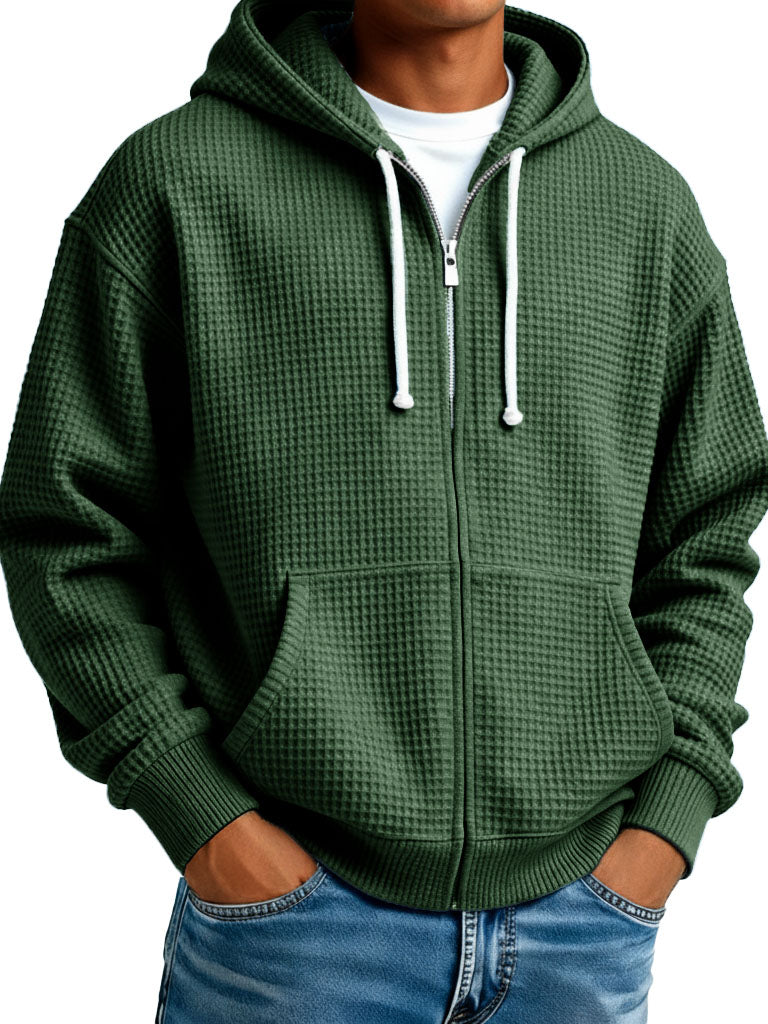 Men's Wear Fashionable Casual Waffle Fabric Zipper Hooded Pockets Loose Coat