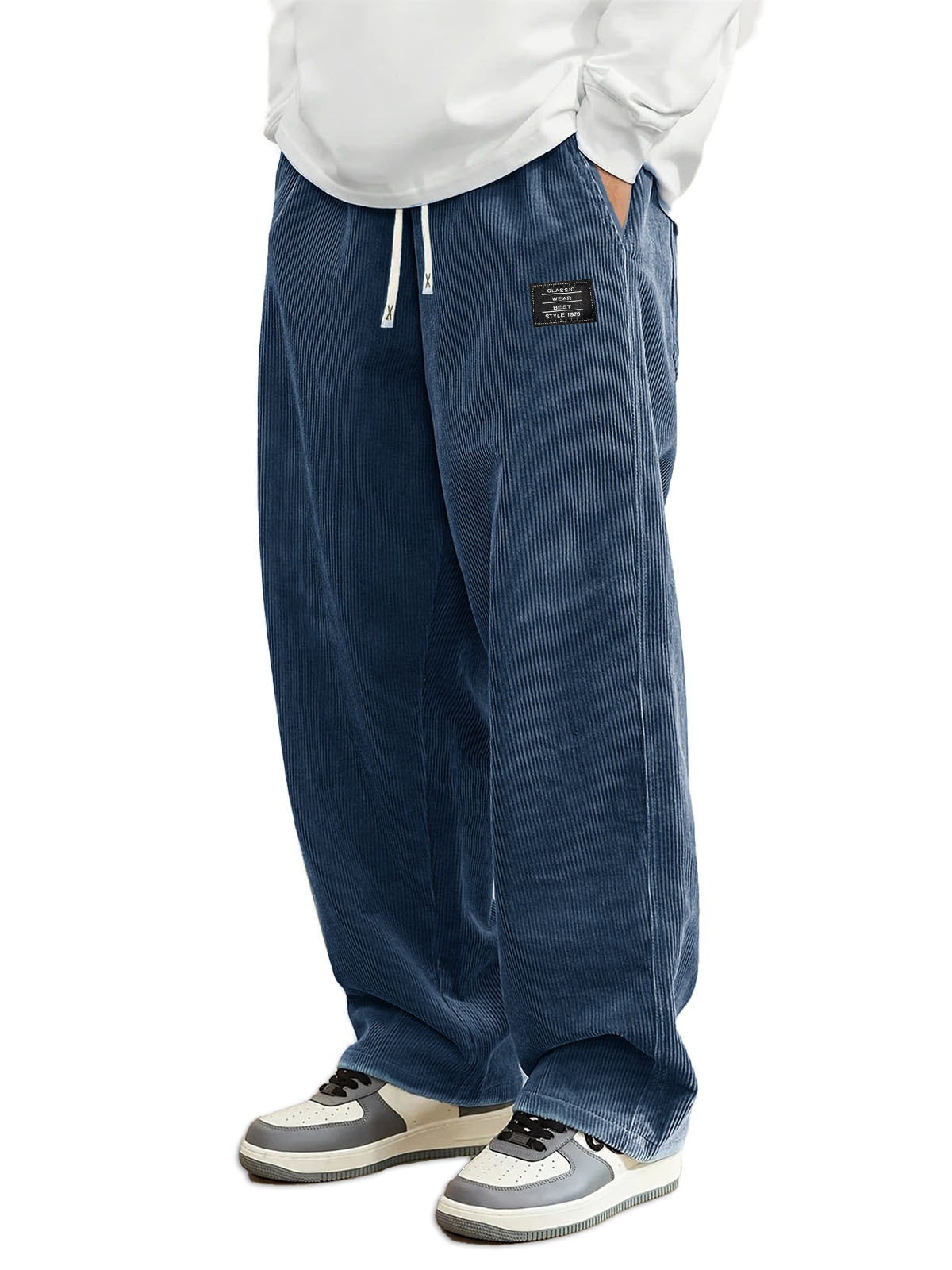 Men's Daily Casual Pit Strip Corduroy Fabric Embroidery Logo Tether Loose Elastic Waist Pocket Pants