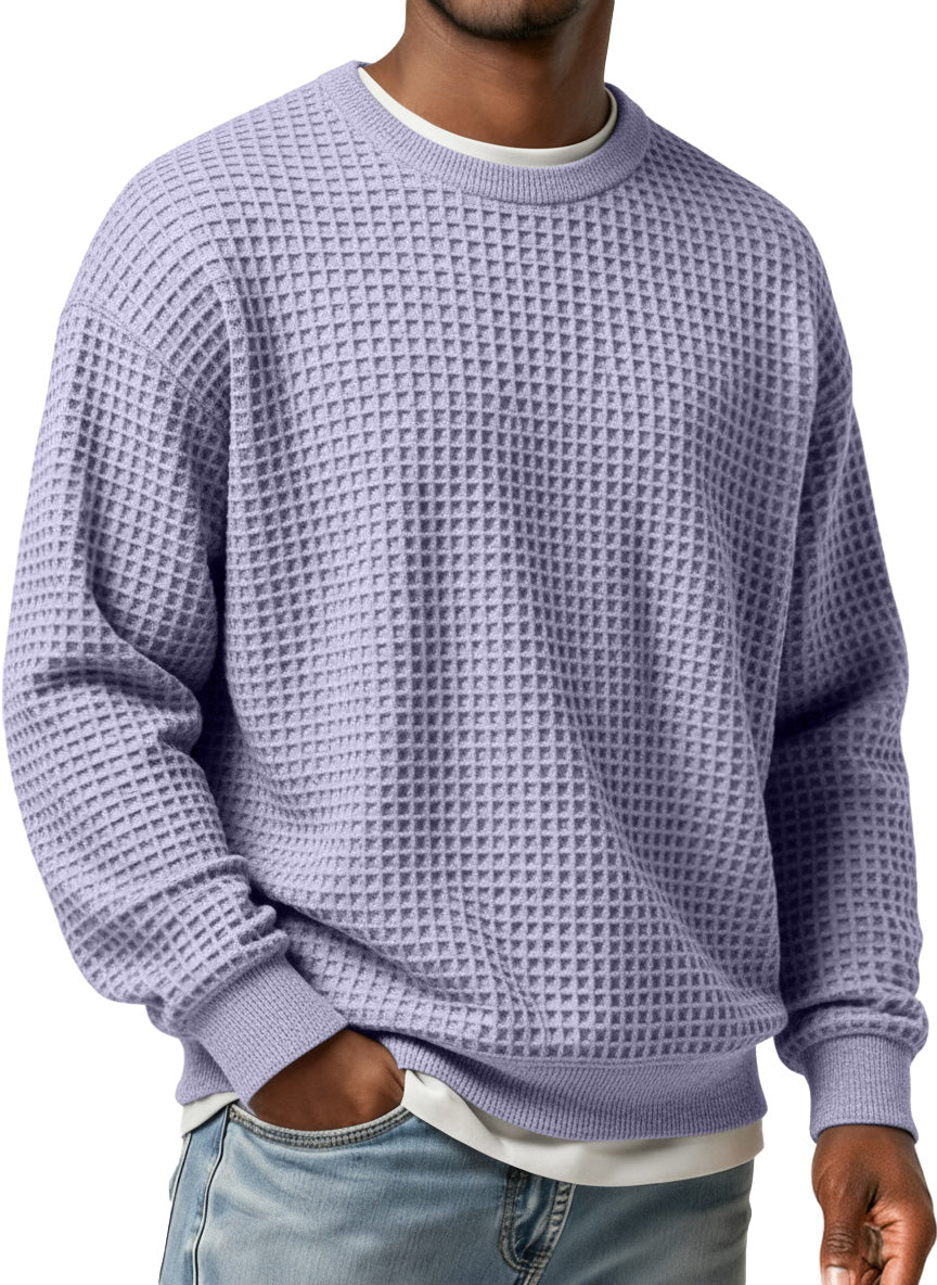 Men's Simple Waffle Round Neck Loose Casual Long-sleeved T-shirt