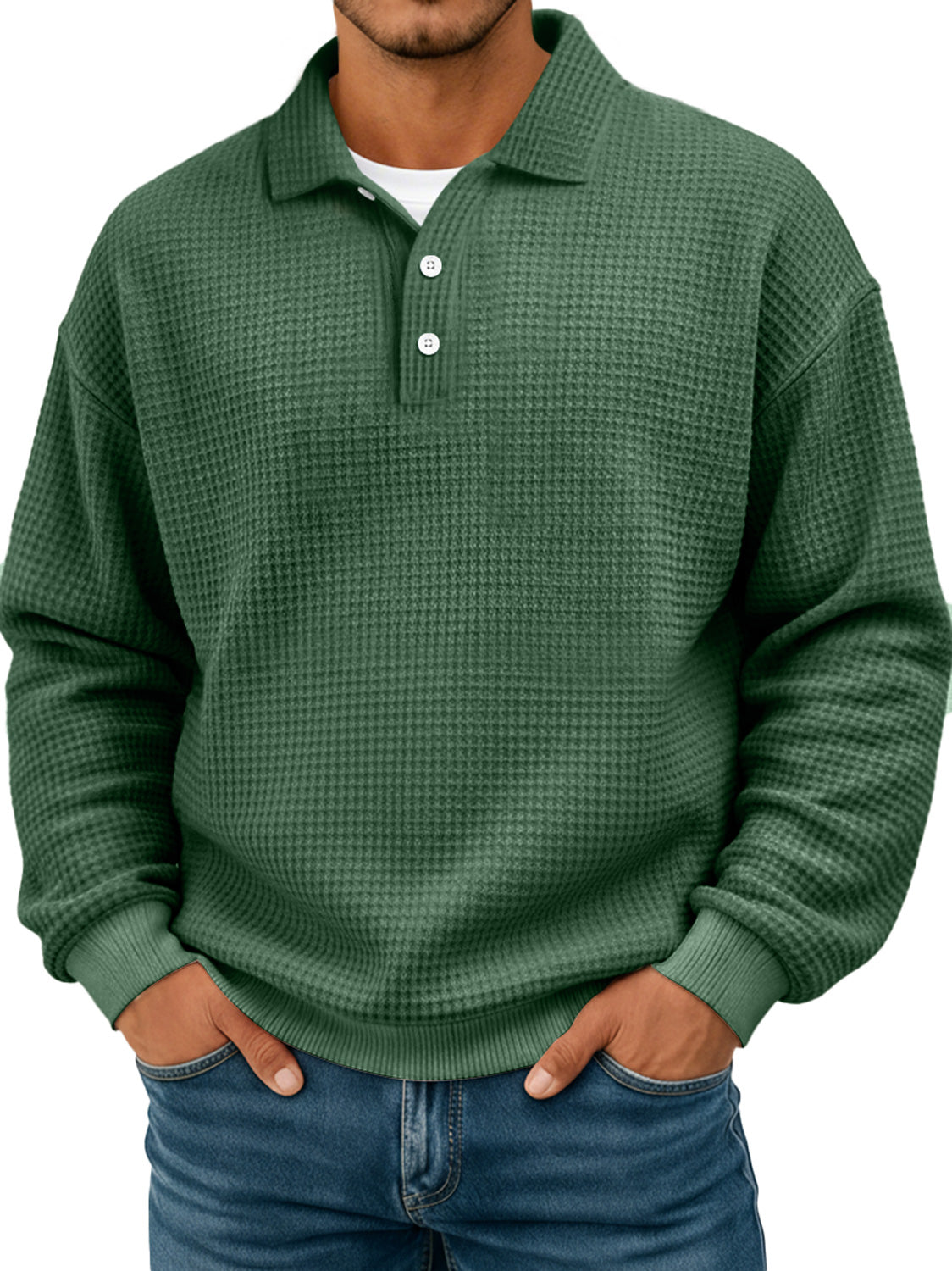 Simple waffle texture lapel button casual long-sleeved POLO shirt