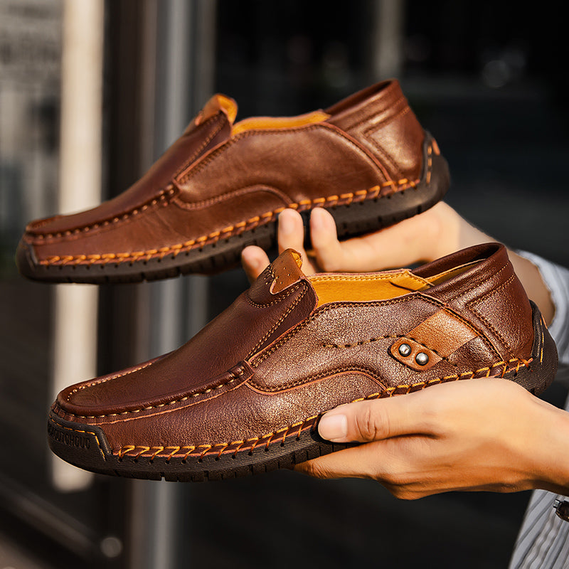 🐂 Men's calf leather casual shoes 👞 Hand-stitched, easy to put on and take off ✅ Arch support, pain relief - comfortable walking