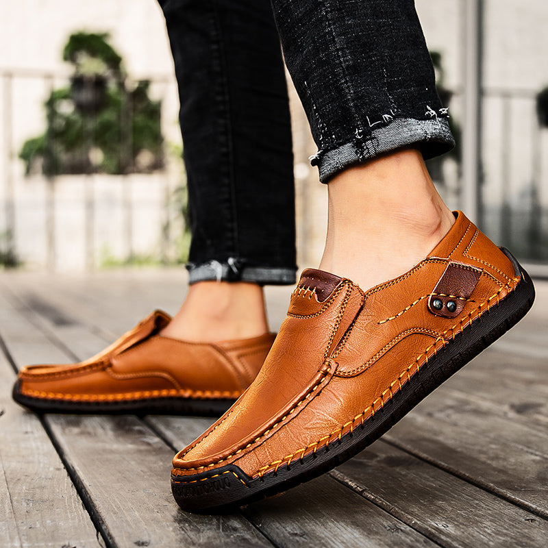 🐂 Men's calf leather casual shoes 👞 Hand-stitched, easy to put on and take off ✅ Arch support, pain relief - comfortable walking