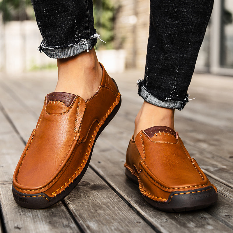 🐂 Men's calf leather casual shoes 👞 Hand-stitched, easy to put on and take off ✅ Arch support, pain relief - comfortable walking