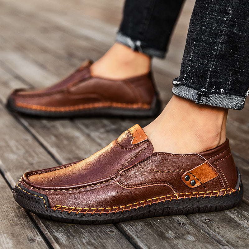 🐂 Men's calf leather casual shoes 👞 Hand-stitched, easy to put on and take off ✅ Arch support, pain relief - comfortable walking