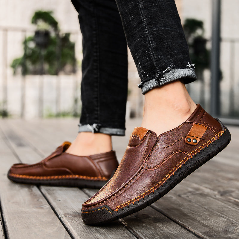 🐂 Men's calf leather casual shoes 👞 Hand-stitched, easy to put on and take off ✅ Arch support, pain relief - comfortable walking
