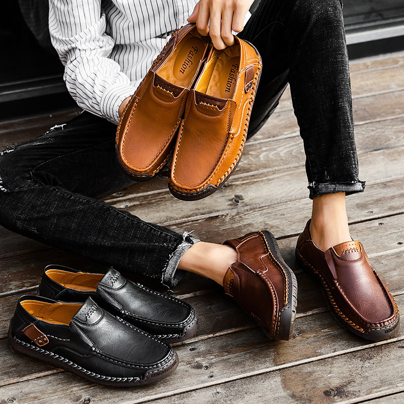 🐂 Men's calf leather casual shoes 👞 Hand-stitched, easy to put on and take off ✅ Arch support, pain relief - comfortable walking