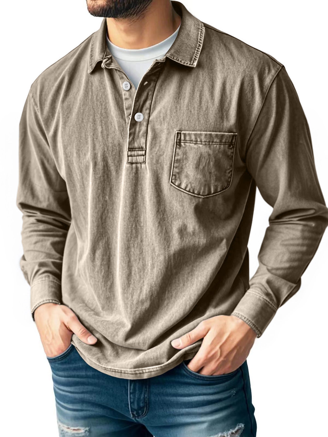 Men's Vintage Distressed Lapel Pocket Casual Long-sleeved Polo Shirt