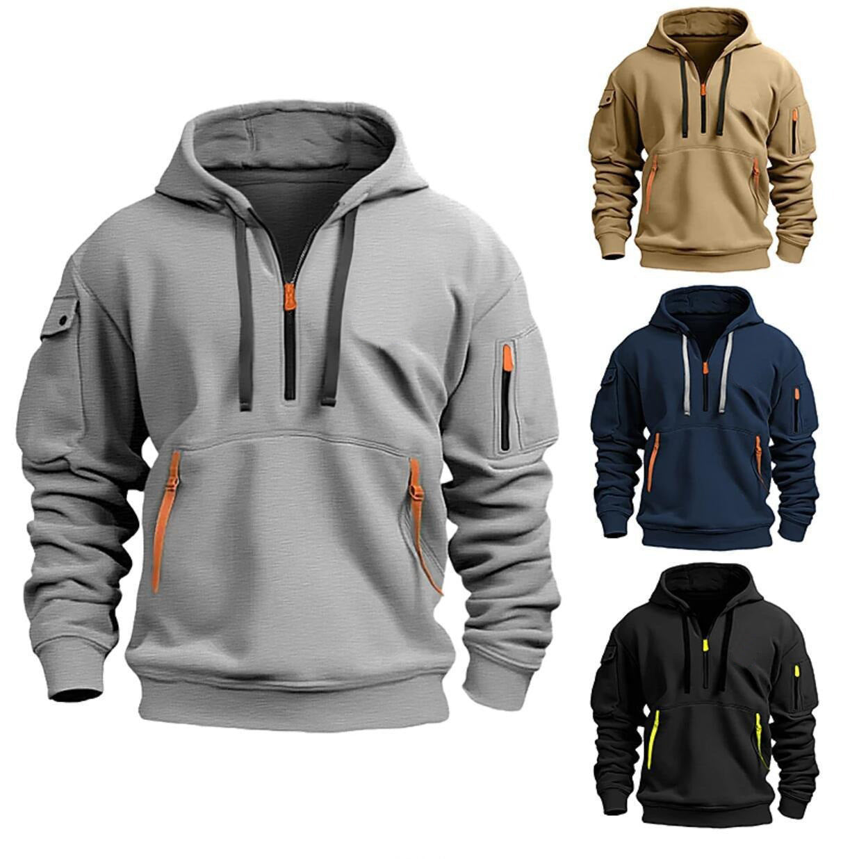 Men's Sweatshirt Hoodie Zipper Multi-Pocket Pullover