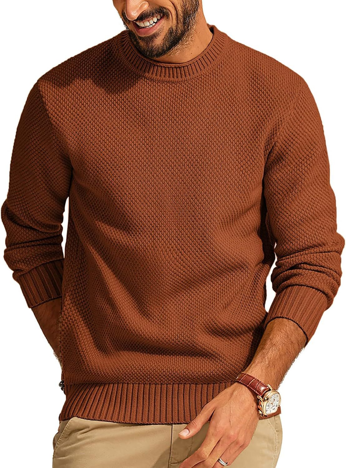 Men's Casual Pullover Solid Color Waffle Crew Neck Sweater