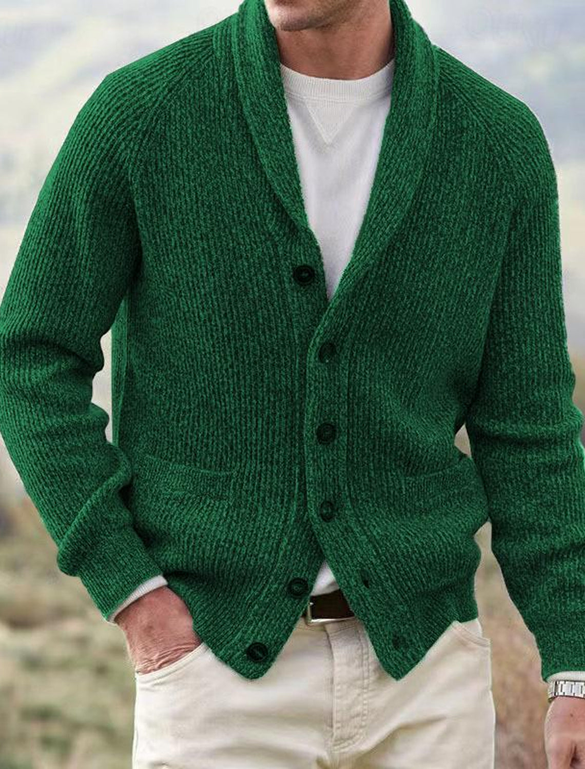 Men's Cashmere Button Down Shawl Collar Cardigan Sweater with Pockets