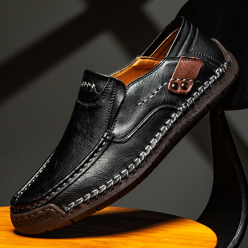 🐂 Men's calf leather casual shoes 👞 Hand-stitched, easy to put on and take off ✅ Arch support, pain relief - comfortable walking