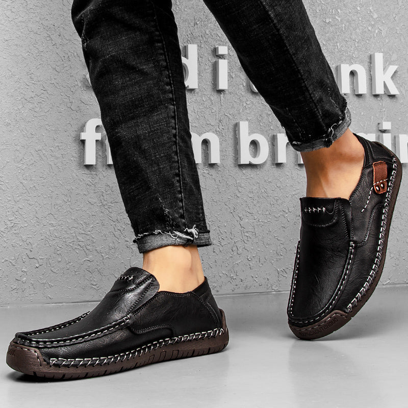 🐂 Men's calf leather casual shoes 👞 Hand-stitched, easy to put on and take off ✅ Arch support, pain relief - comfortable walking